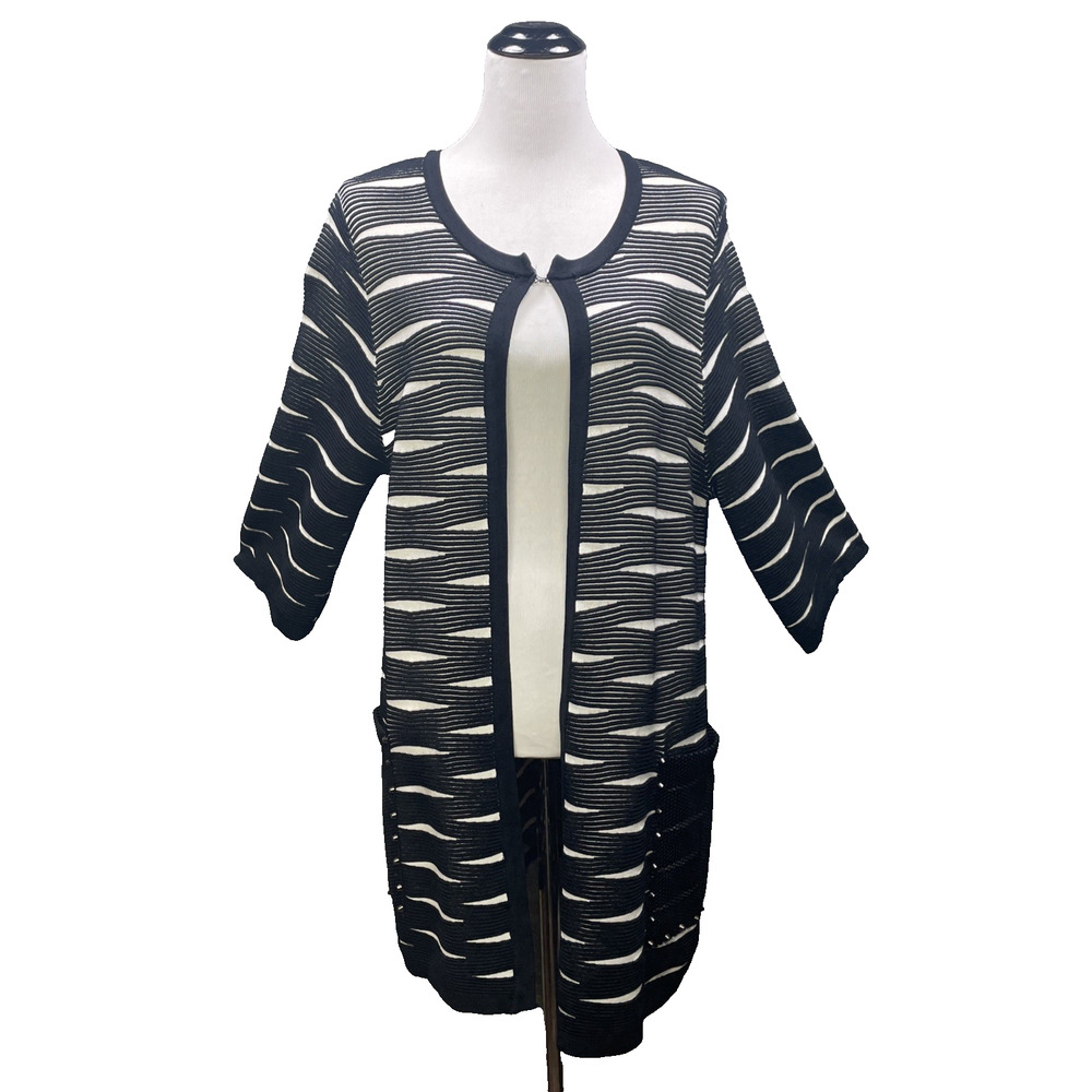 Lauren Michelle Cardigan Med Black White Wave Striped Open Front 3/4 Slv Hero Pc